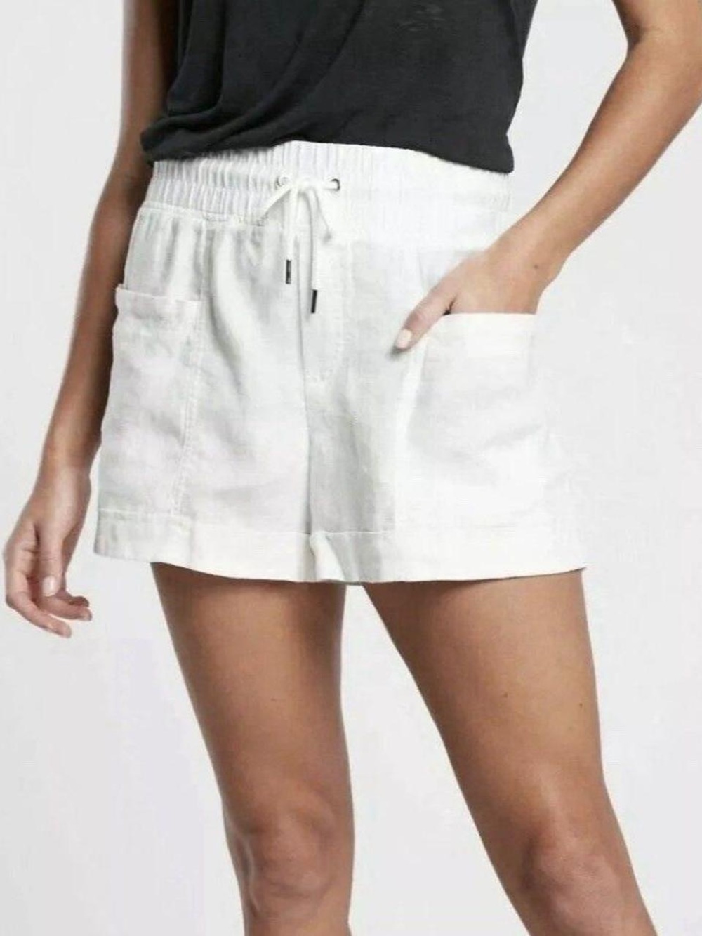 Athleta White Elastic Waist Pocket Linen-Blend Shorts